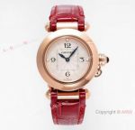 Super clone Pasha De Cartier Quartz 30mm Watch Rose Gold Red Leather Strap for Women